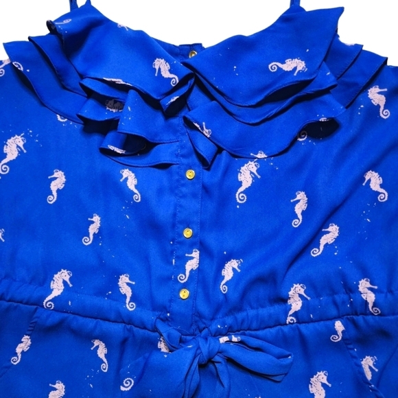 L'Amour Nanette Lepore Seahorse Print Blue Romper Button-Up Ruffle Size Medium - Picture 6 of 6